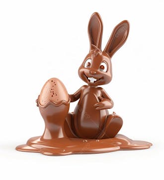 Coelho de chocolate sentado na calda de chocolate segurando um ovo de páscoa 3d 28