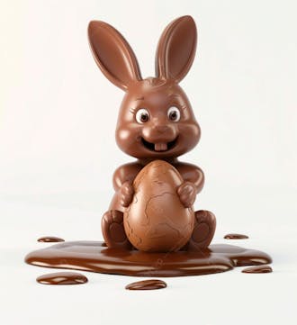 Coelho de chocolate sentado na calda de chocolate segurando um ovo de páscoa 3d 30