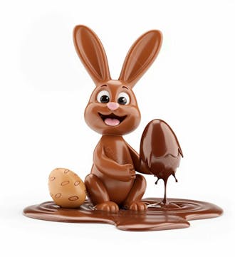 Coelho de chocolate sentado na calda de chocolate segurando um ovo de páscoa 3d 34