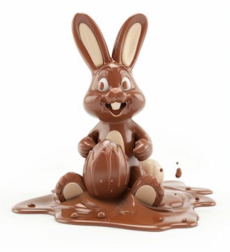 Coelho de chocolate sentado na calda de chocolate segurando um ovo de páscoa 3d 35
