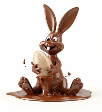Coelho de chocolate sentado na calda de chocolate segurando um ovo de páscoa 3d 41