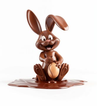 Coelho de chocolate sentado na calda de chocolate segurando um ovo de páscoa 3d 43