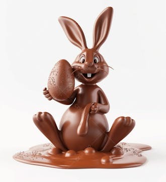 Coelho de chocolate sentado na calda de chocolate segurando um ovo de páscoa 3d 45