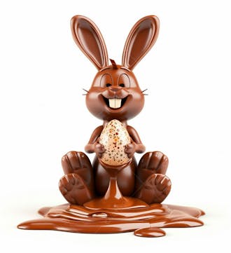 Coelho de chocolate sentado na calda de chocolate segurando um ovo de páscoa 3d 47