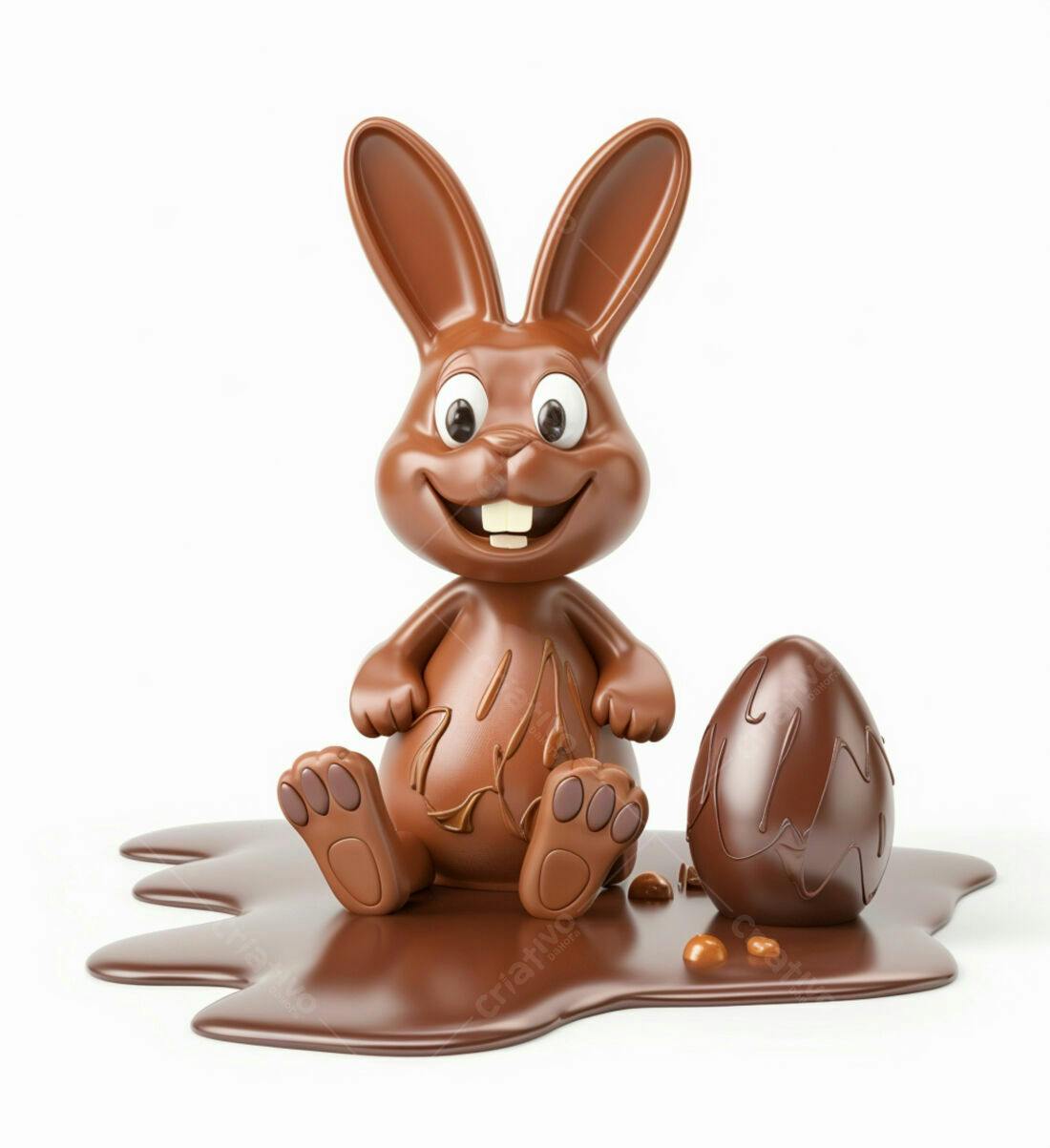 Coelho de chocolate sentado em poça de chocolate
