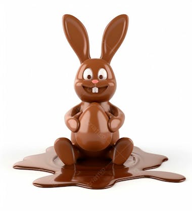 Coelho de chocolate sentado na calda de chocolate segurando um ovo de páscoa 3d 54