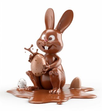 Coelho de chocolate sentado na calda de chocolate segurando um ovo de páscoa 3d 56