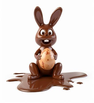 Coelho de chocolate sentado na calda de chocolate segurando um ovo de páscoa 3d 61