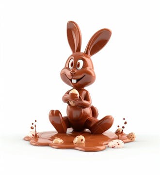 Coelho de chocolate sentado na calda de chocolate segurando um ovo de páscoa 3d 62