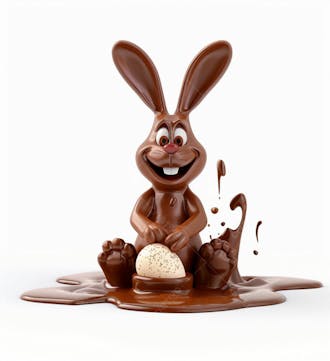 Coelho de chocolate sentado na calda de chocolate segurando um ovo de páscoa 3d 68