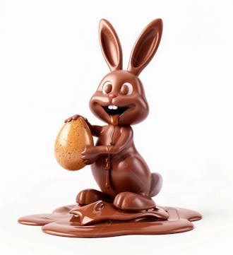 Coelho de chocolate sentado na calda de chocolate segurando um ovo de páscoa 3d 71