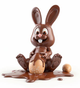 Coelho de chocolate sentado na calda de chocolate segurando um ovo de páscoa 3d 77