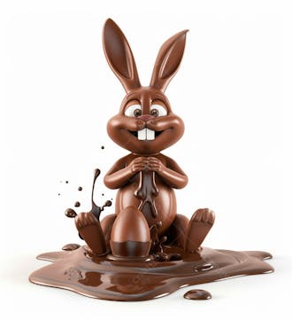 Coelho de chocolate sentado na calda de chocolate segurando um ovo de páscoa 3d 78