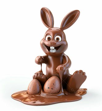 Coelho de chocolate sentado na calda de chocolate segurando um ovo de páscoa 3d 84