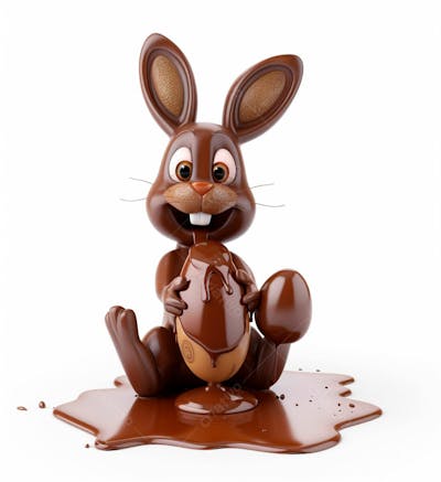 Coelho De Chocolate Sentado Na Calda De Chocolate Segurando Um Ovo De Páscoa 3D 87