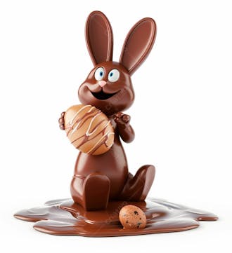 Coelho de chocolate sentado na calda de chocolate segurando um ovo de páscoa 3d 93