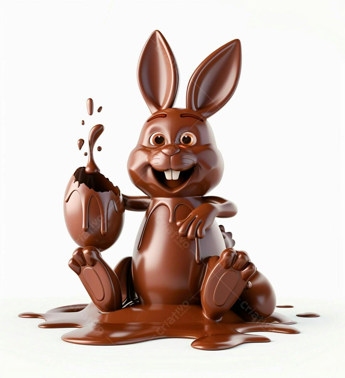 Coelho de chocolate na Páscoa com ovo quebrado