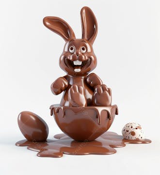 Coelho de chocolate sentado na calda de chocolate segurando um ovo de páscoa 3d 95