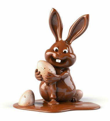 Coelho de chocolate sentado na calda de chocolate segurando um ovo de páscoa 3d 96