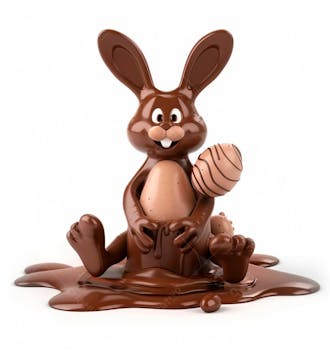 Coelho de chocolate sentado na calda de chocolate segurando um ovo de páscoa 3d 100