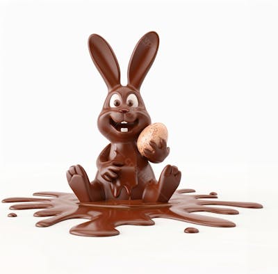 Coelho De Chocolate Sentado Na Calda De Chocolate Segurando Um Ovo De Páscoa 3D 101