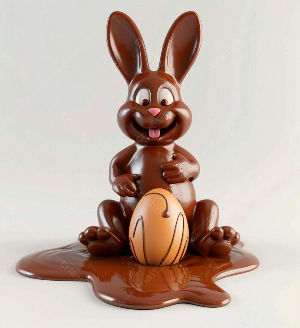 Coelho De Chocolate Sentado Na Calda De Chocolate Segurando Um Ovo De Páscoa 3D 103