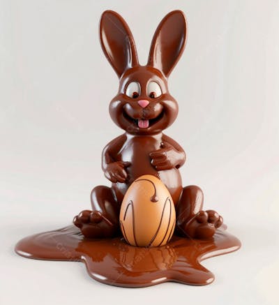 Coelho De Chocolate Sentado Na Calda De Chocolate Segurando Um Ovo De Páscoa 3D 103
