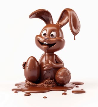 Coelho de chocolate sentado na calda de chocolate segurando um ovo de páscoa 3d 110