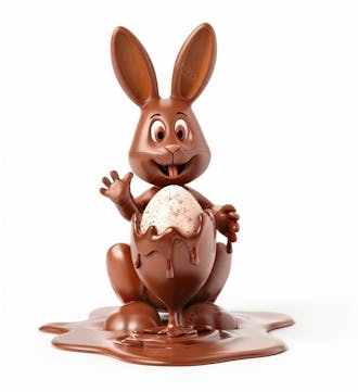 Coelho de chocolate sentado na calda de chocolate segurando um ovo de páscoa 3d 114
