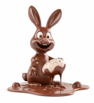 Coelho de chocolate sentado na calda de chocolate segurando um ovo de páscoa 3d 119