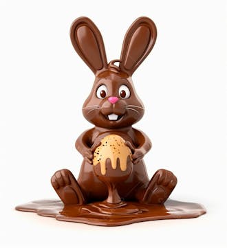 Coelho de chocolate sentado na calda de chocolate segurando um ovo de páscoa 3d 124