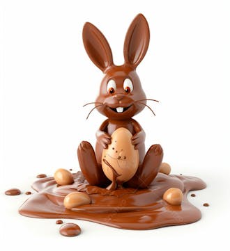 Coelho de chocolate sentado na calda de chocolate segurando um ovo de páscoa 3d 126