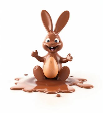 Coelho de chocolate sentado na calda de chocolate segurando um ovo de páscoa 3d 127
