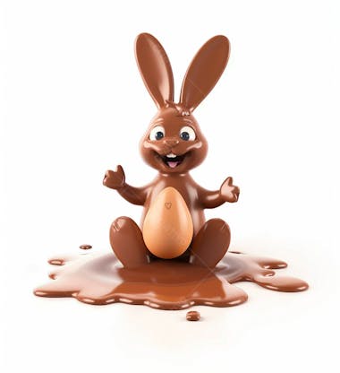 Coelho de chocolate sentado na calda de chocolate segurando um ovo de páscoa 3d 127