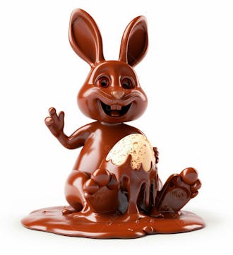 Coelho de chocolate sentado na calda de chocolate segurando um ovo de páscoa 3d 130