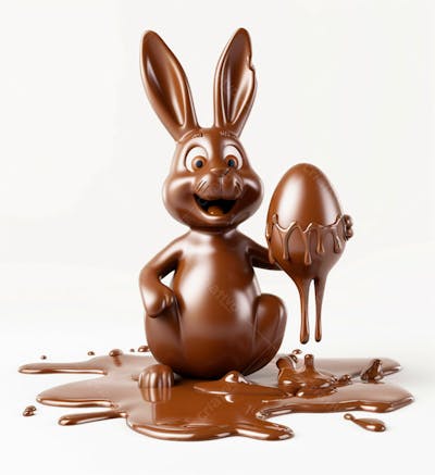 Coelho De Chocolate Sentado Na Calda De Chocolate Segurando Um Ovo De Páscoa 3D 131