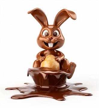 Coelho de chocolate sentado na calda de chocolate segurando um ovo de páscoa 3d 135