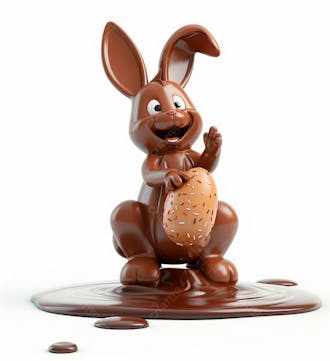 Coelho de chocolate sentado na calda de chocolate segurando um ovo de páscoa 3d 138