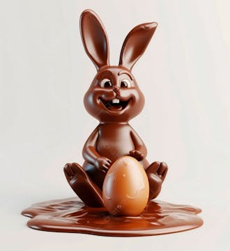 Coelho de chocolate sentado na calda de chocolate segurando um ovo de páscoa 3d 139