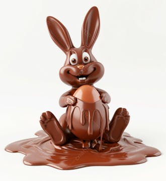 Coelho de chocolate sentado na calda de chocolate segurando um ovo de páscoa 3d 140