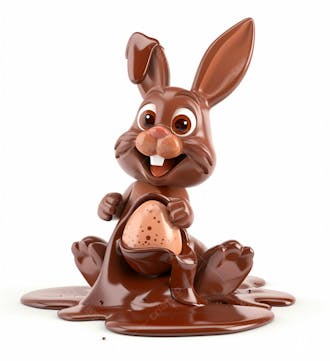 Coelho de chocolate sentado na calda de chocolate segurando um ovo de páscoa 3d 141