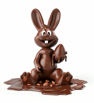 Coelho de chocolate sentado na calda de chocolate segurando um ovo de páscoa 3d 145