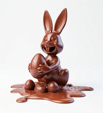 Coelho de chocolate sentado na calda de chocolate segurando um ovo de páscoa 3d 150