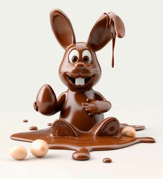 Coelho de chocolate sentado na calda de chocolate segurando um ovo de páscoa 3d 152