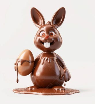 Coelho de chocolate sentado na calda de chocolate segurando um ovo de páscoa 3d 153