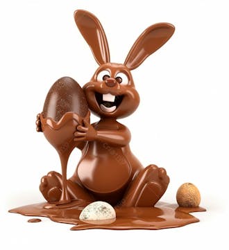 Coelho de chocolate sentado na calda de chocolate segurando um ovo de páscoa 3d 157
