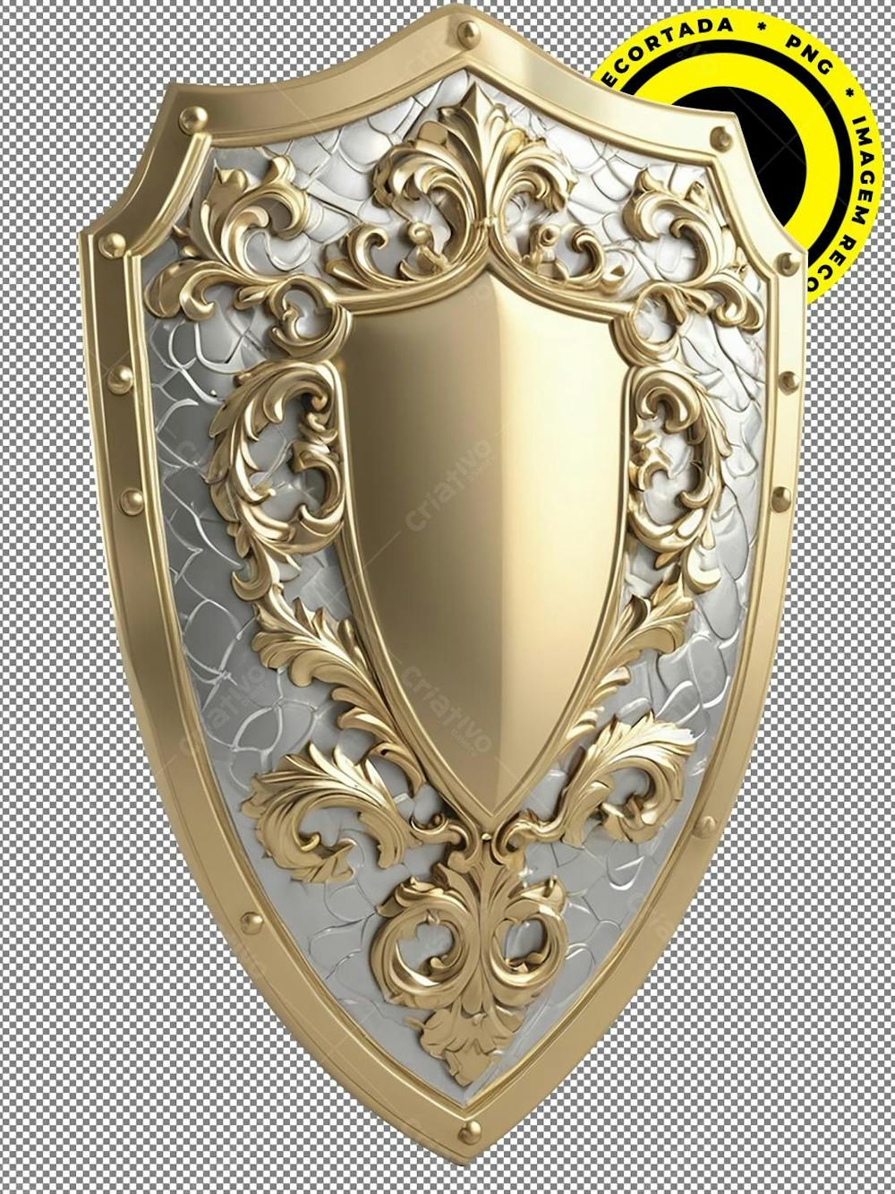 Escudo, Shield, Imagem 3D, Recortada, Png, Prata, Dourado