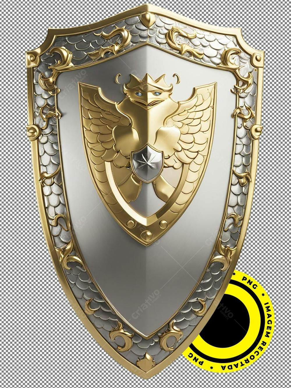 Escudo, Shield, Imagem 3D, Recortada, Png, Prata, Dourado