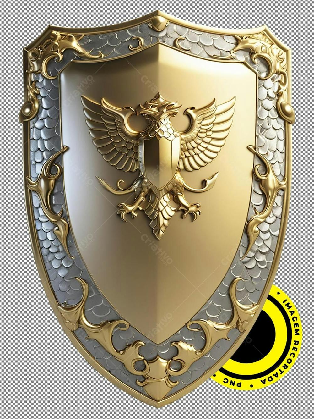 Escudo, Shield, Imagem 3D, Recortada, Png, Prata, Dourado