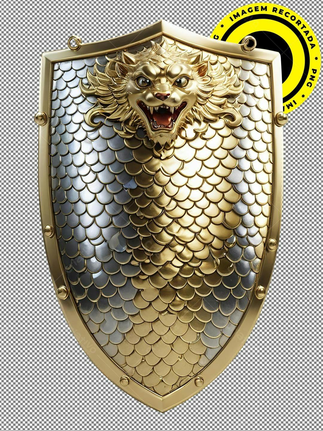 Escudo dourado com leão PNG com fundo transparente